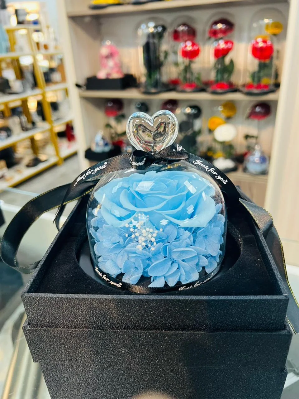 Baby-blue infinite flower under a clear dome on a dark gift box