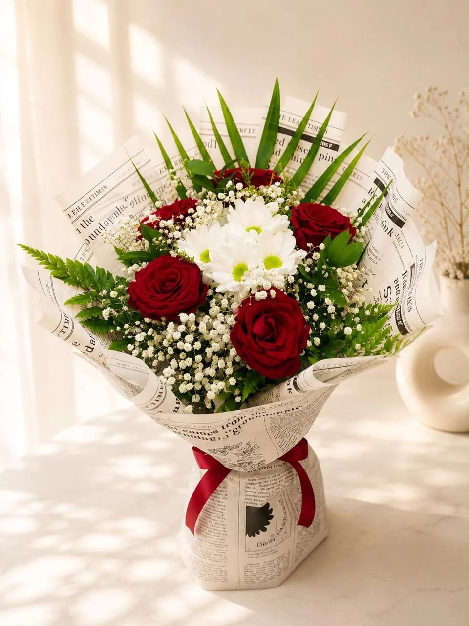 Red and white Love Letter bouquet wrapped in printed paper