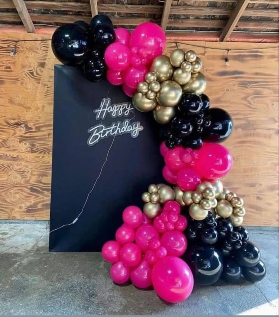 Black Happy Birthday panel framed with pink, black and gold balloons